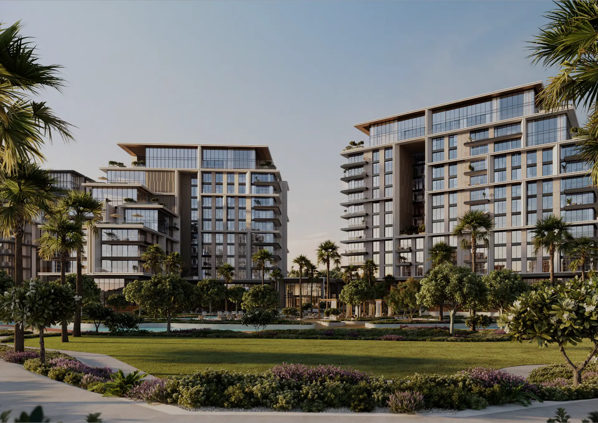 City Walk Crestlane luxury interior apartment living area with floor-to-ceiling glass and lagoon views
