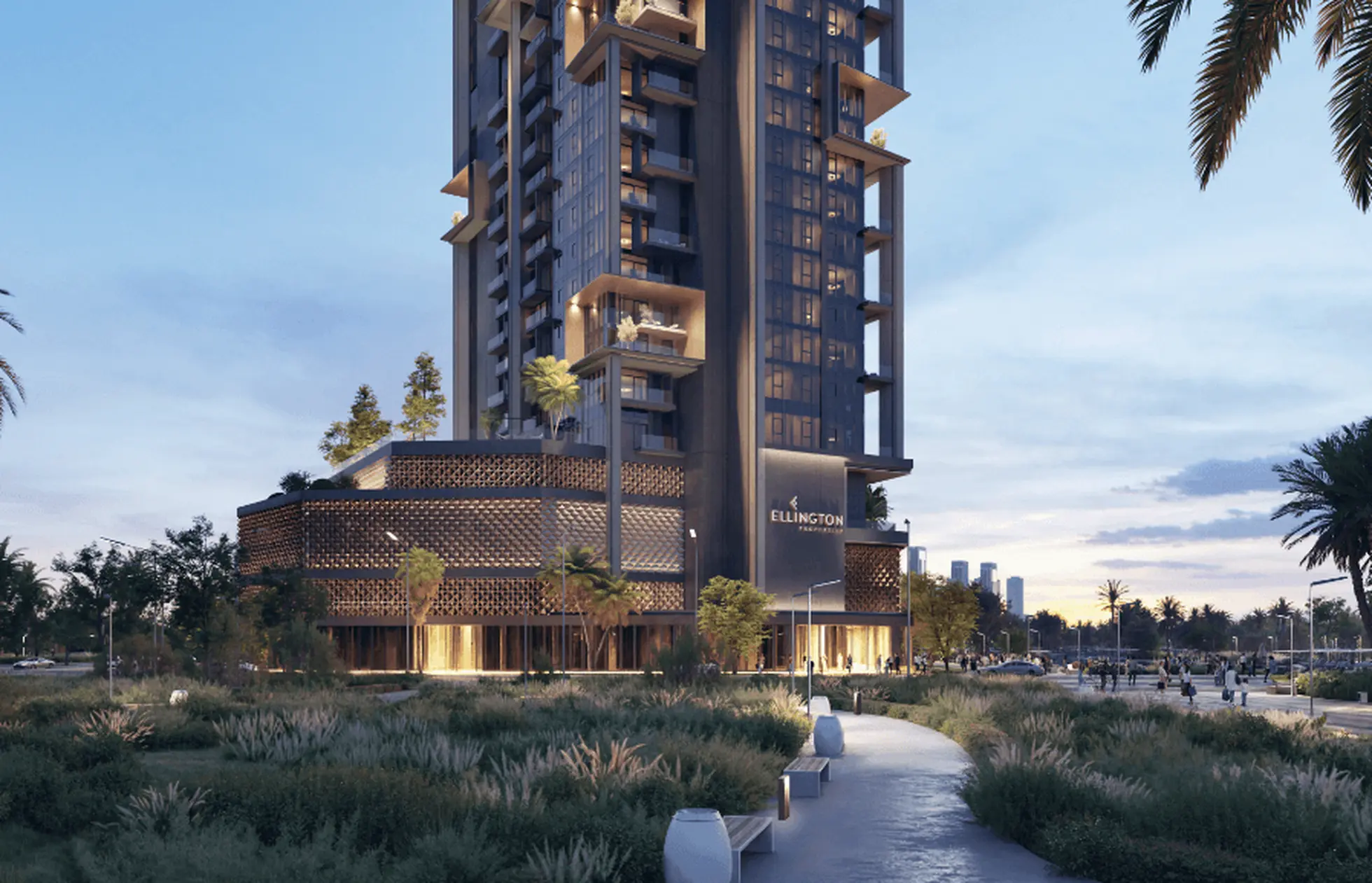 The Highgrove modern apartment interior overlooking crystal lagoon and Downtown Dubai skyline