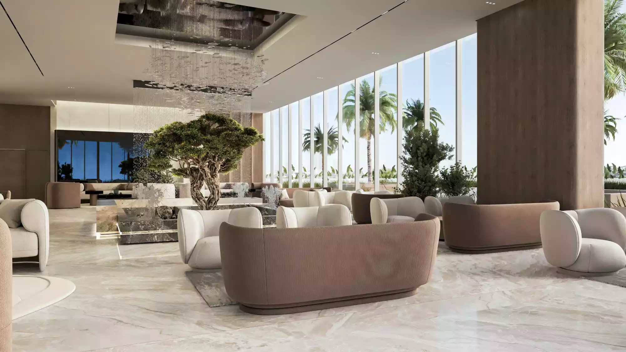 Sakura Gardens living area with floor-to-ceiling glass