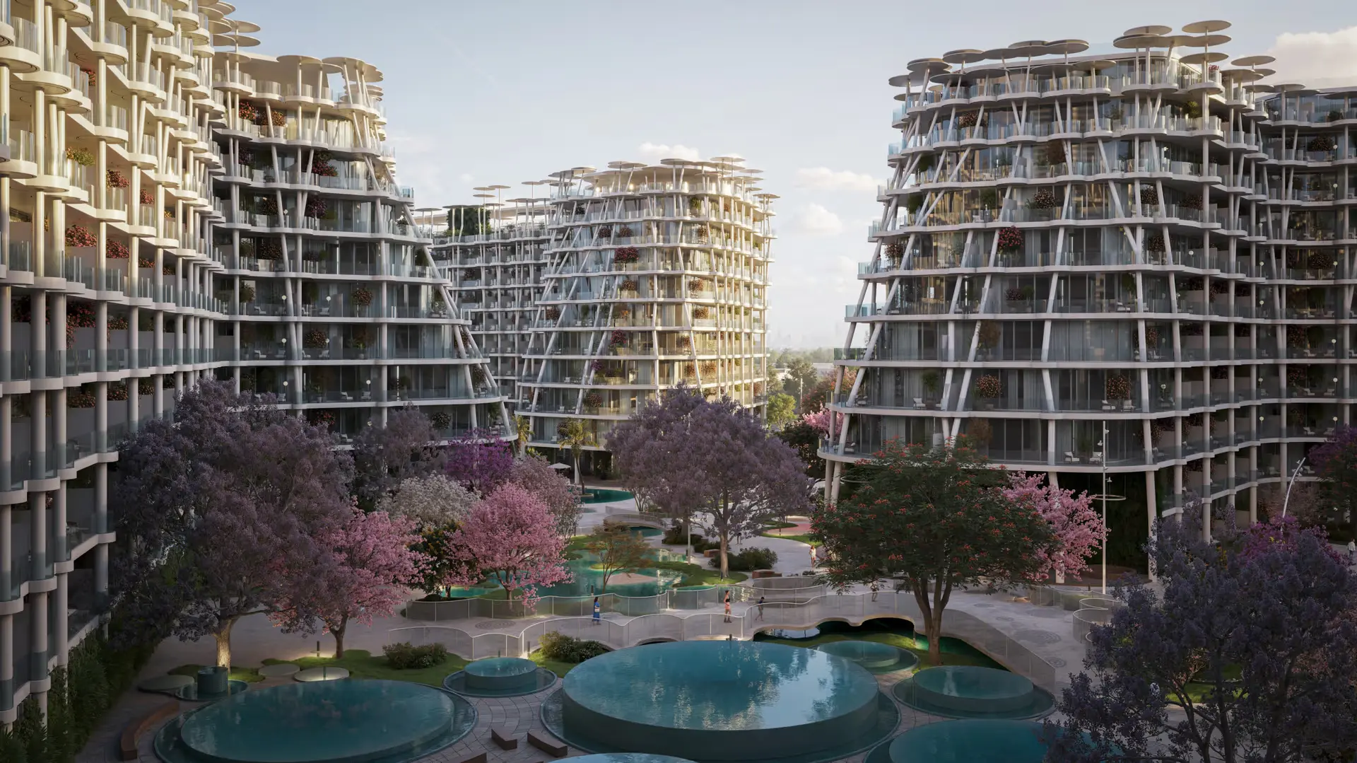 Sakura Gardens architectural exterior overlooking central park and lagoon